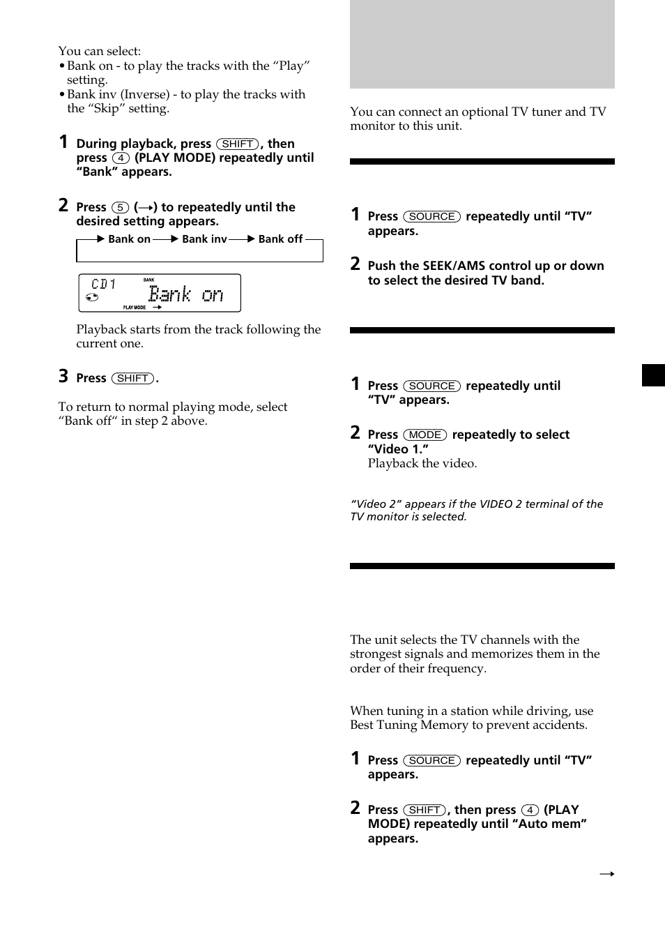 Tv/video, Watching the tv, Watching a video | Memorizing tv channels automatically | Sony CDX-C6850 User Manual | Page 21 / 28