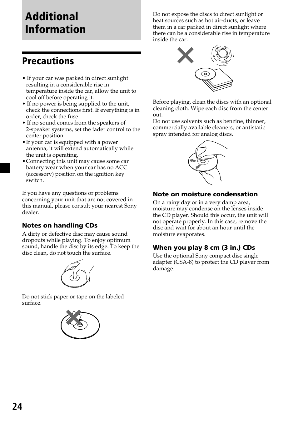 Additional information, Precautions | Sony CDX-C6850 User Manual | Page 24 / 28