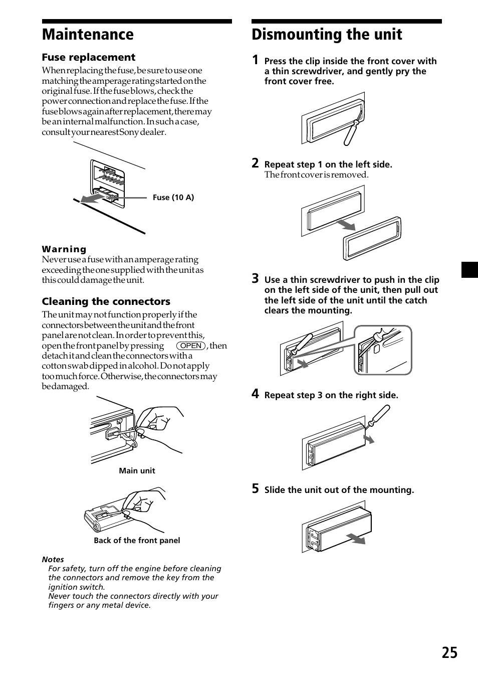 Maintenance, Dismounting the unit, 25 maintenance | Sony CDX-C6850 User Manual | Page 25 / 28