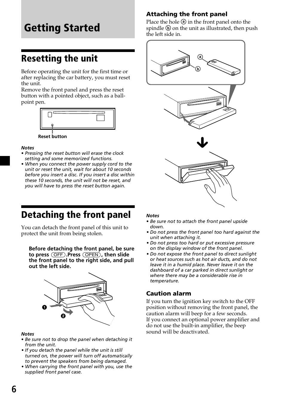 Getting started, Resetting the unit, Detaching the front panel | Sony CDX-C6850 User Manual | Page 6 / 28