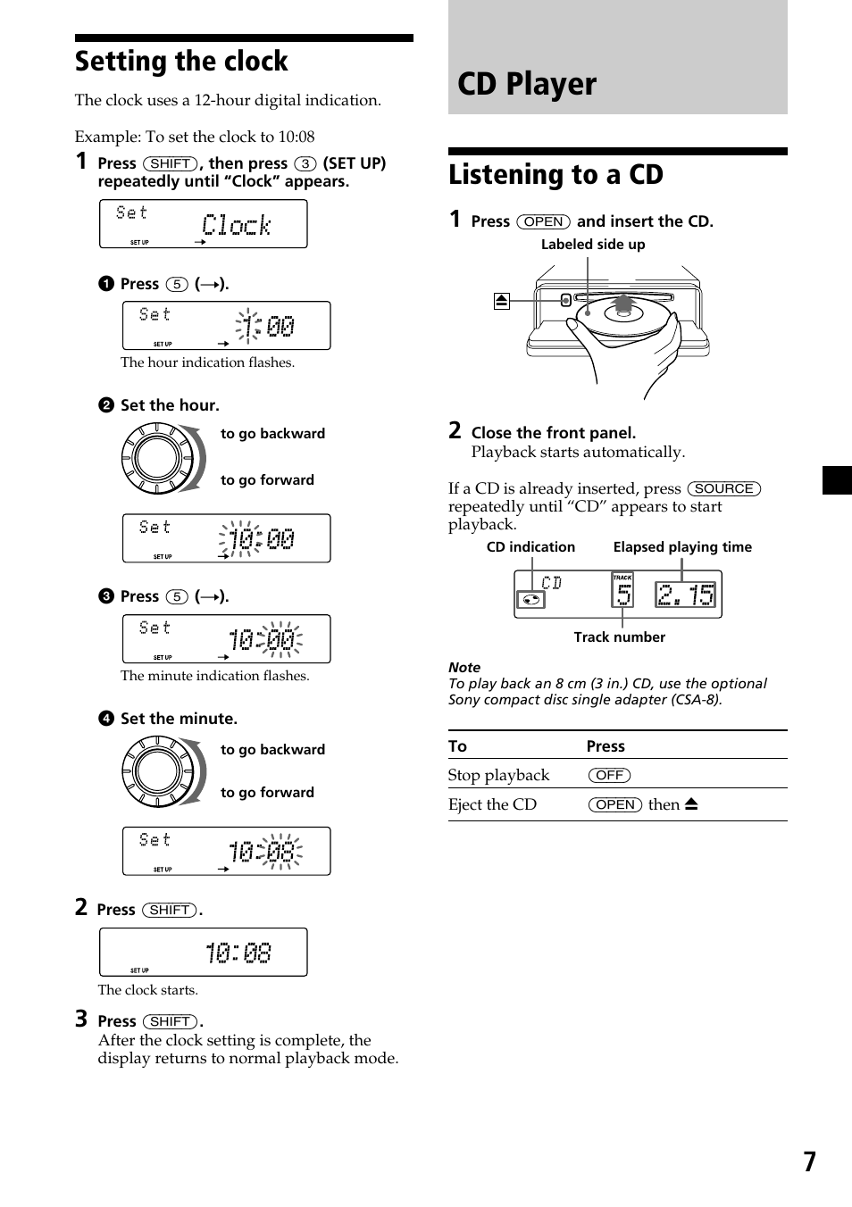Setting the clock, Cd player, Listening to a cd | 7setting the clock | Sony CDX-C6850 User Manual | Page 7 / 28