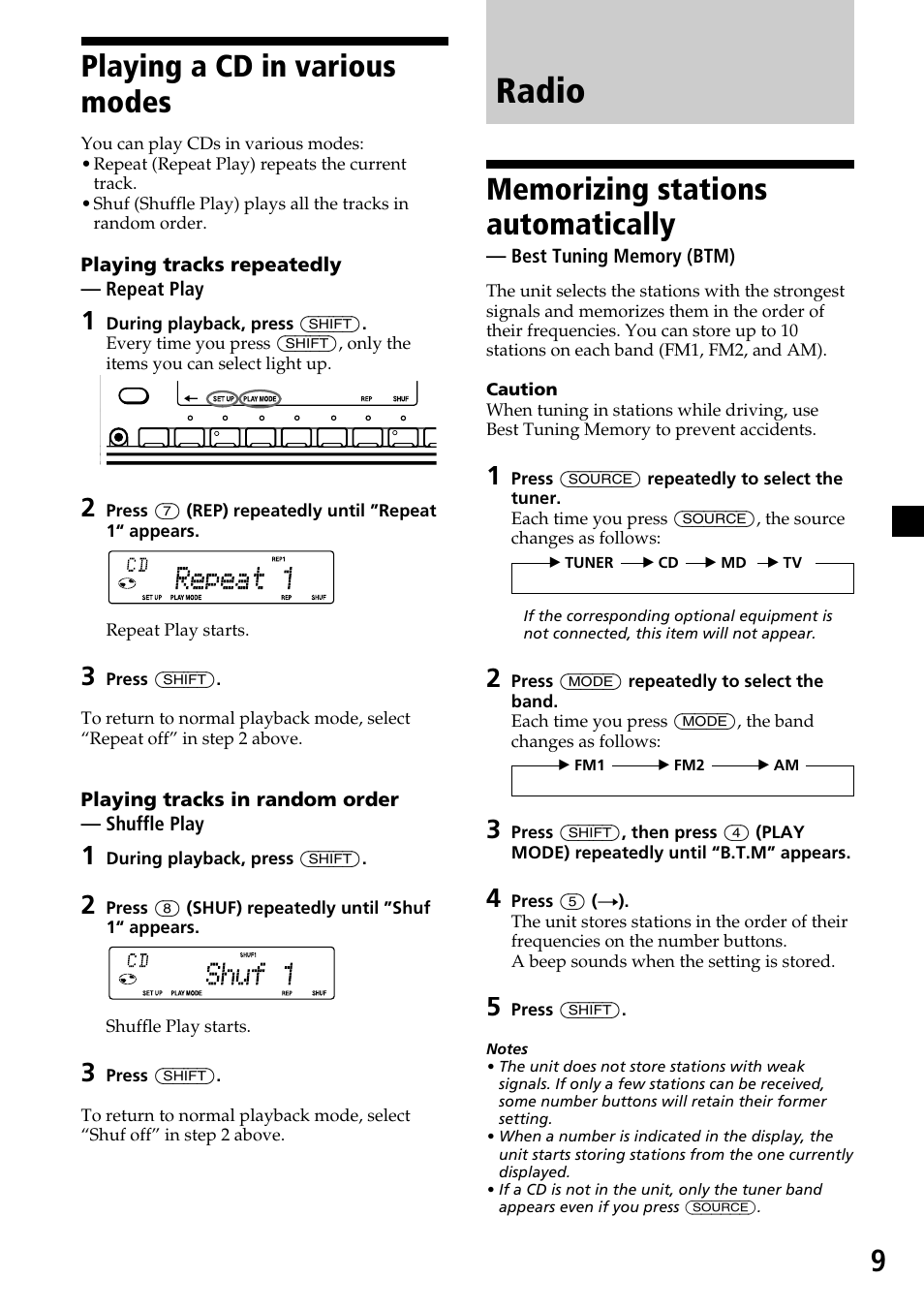 Playing a cd in various modes, Radio, Memorizing stations sutomatically | 9playing a cd in various modes | Sony CDX-C6850 User Manual | Page 9 / 28