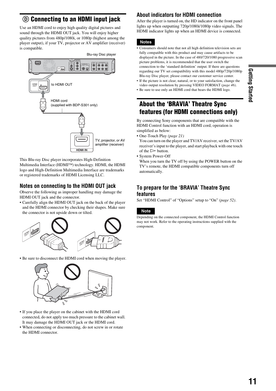D connecting to an hdmi input jack, About the ‘bravia’ theatre sync features, For hdmi connections only) | Dconnecting to an hdmi input jack, Getting s tarted, About indicators for hdmi connection, Woofer | Sony BDP-S300 User Manual | Page 11 / 71