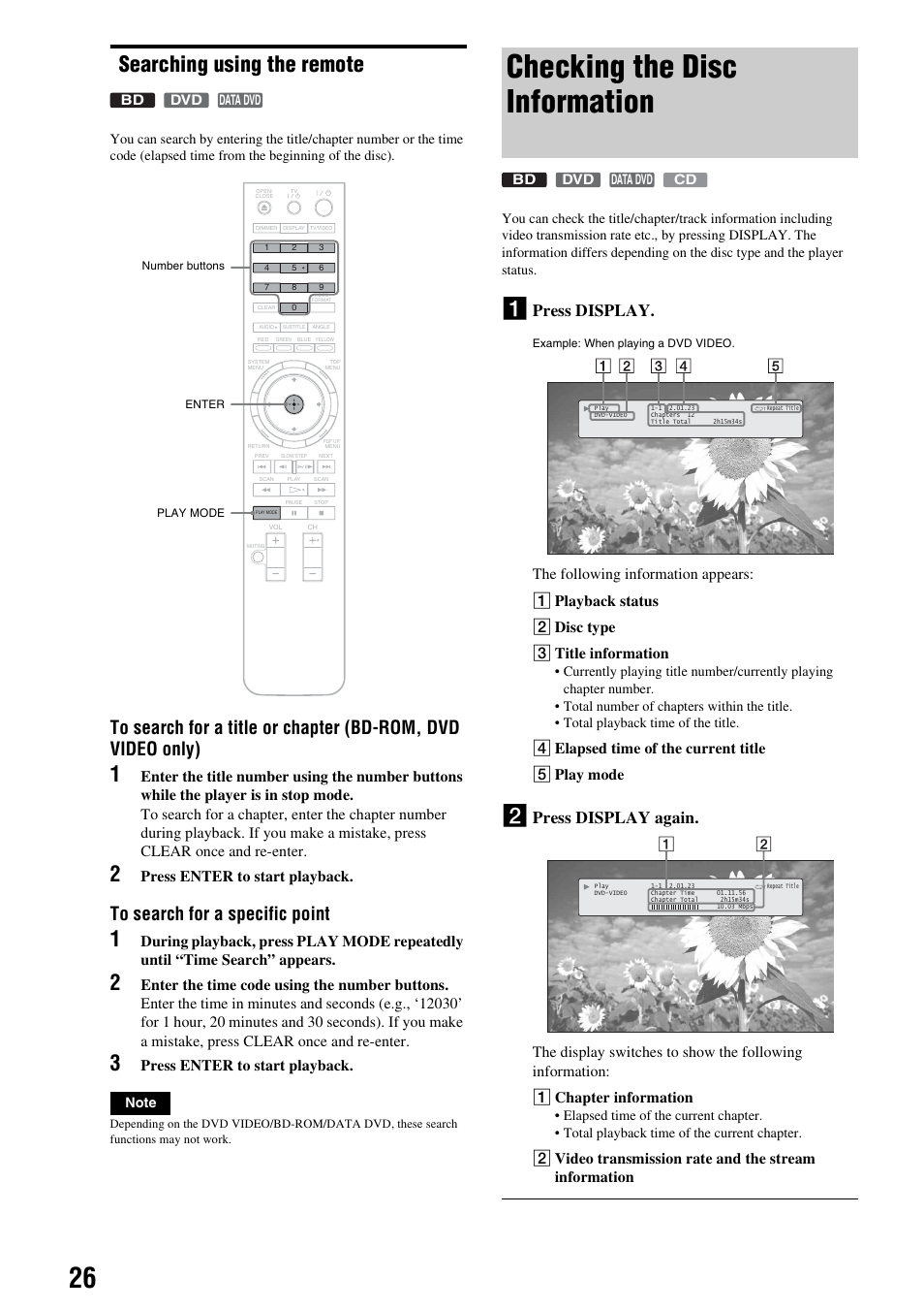 Searching using the remote, Checking the disc information, Press display | Press display again, Press enter to start playback, 4 elapsed time of the current title 5 play mode | Sony BDP-S300 User Manual | Page 26 / 71