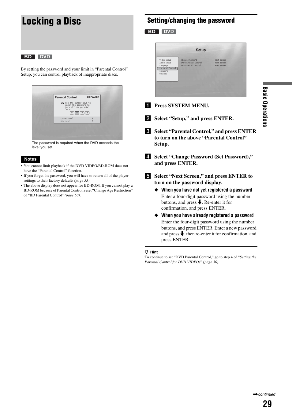 Locking a disc, Setting/changing the password | Sony BDP-S300 User Manual | Page 29 / 71