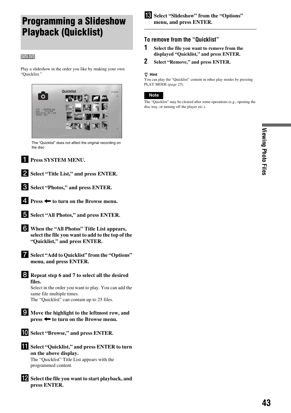Programming a slideshow playback (quicklist), Programming a slideshow playback, Quicklist) | Sony BDP-S300 User Manual | Page 43 / 71