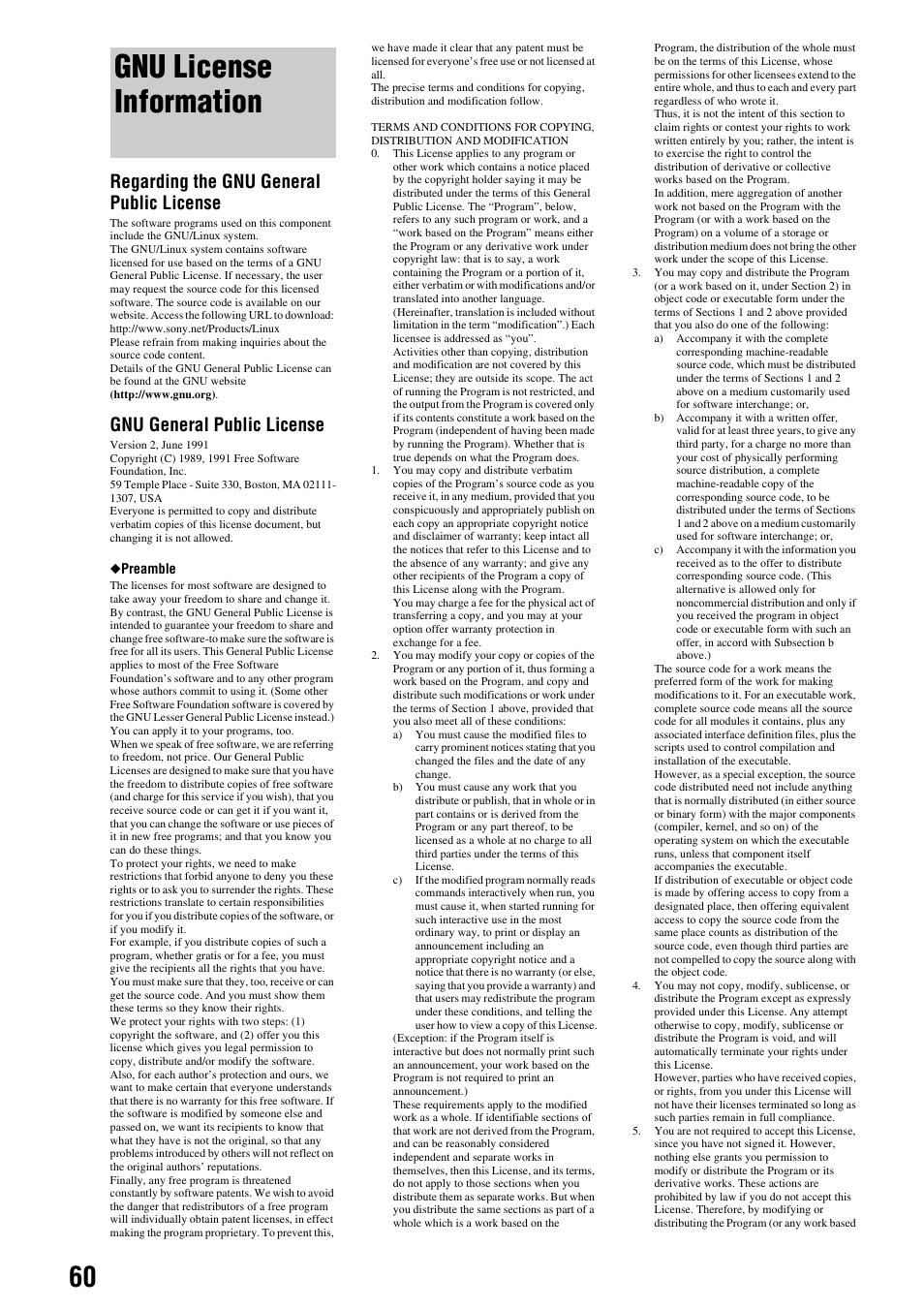 Gnu license information, Regarding the gnu general public license, Gnu general public license | Sony BDP-S300 User Manual | Page 60 / 71