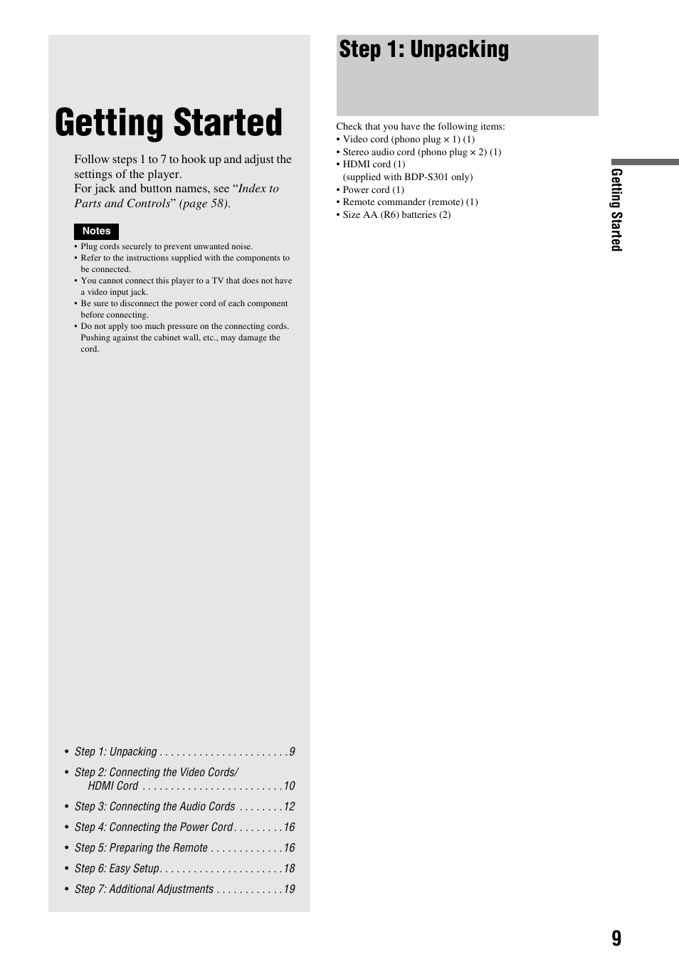 Getting started, Step 1: unpacking | Sony BDP-S300 User Manual | Page 9 / 71