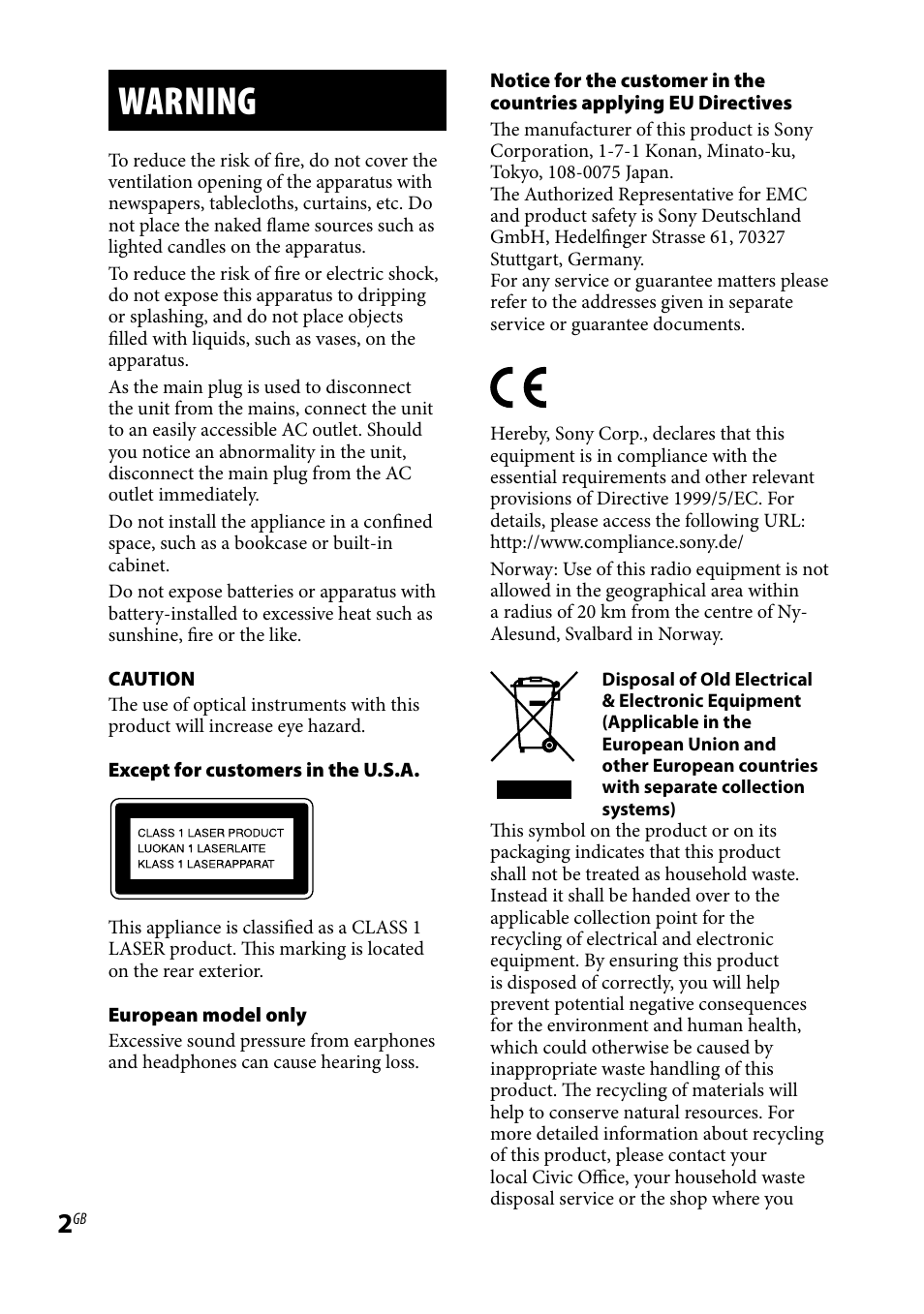 Warning | Sony CMT-HX70BTR User Manual | Page 2 / 44