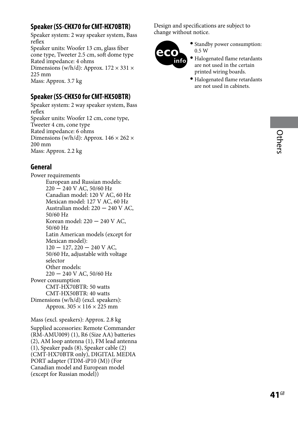 Others, Speaker (ss-chx70 for cmt-hx70btr), Speaker (ss-chx50 for cmt-hx50btr) | General | Sony CMT-HX70BTR User Manual | Page 41 / 44