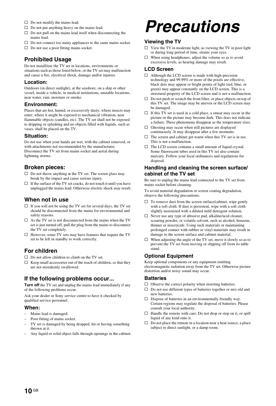 Precautions, Prohibited usage, Broken pieces | When not in use, For children, If the following problems occur | Sony BRAVIA 3-298-969-61(1) User Manual | Page 10 / 84