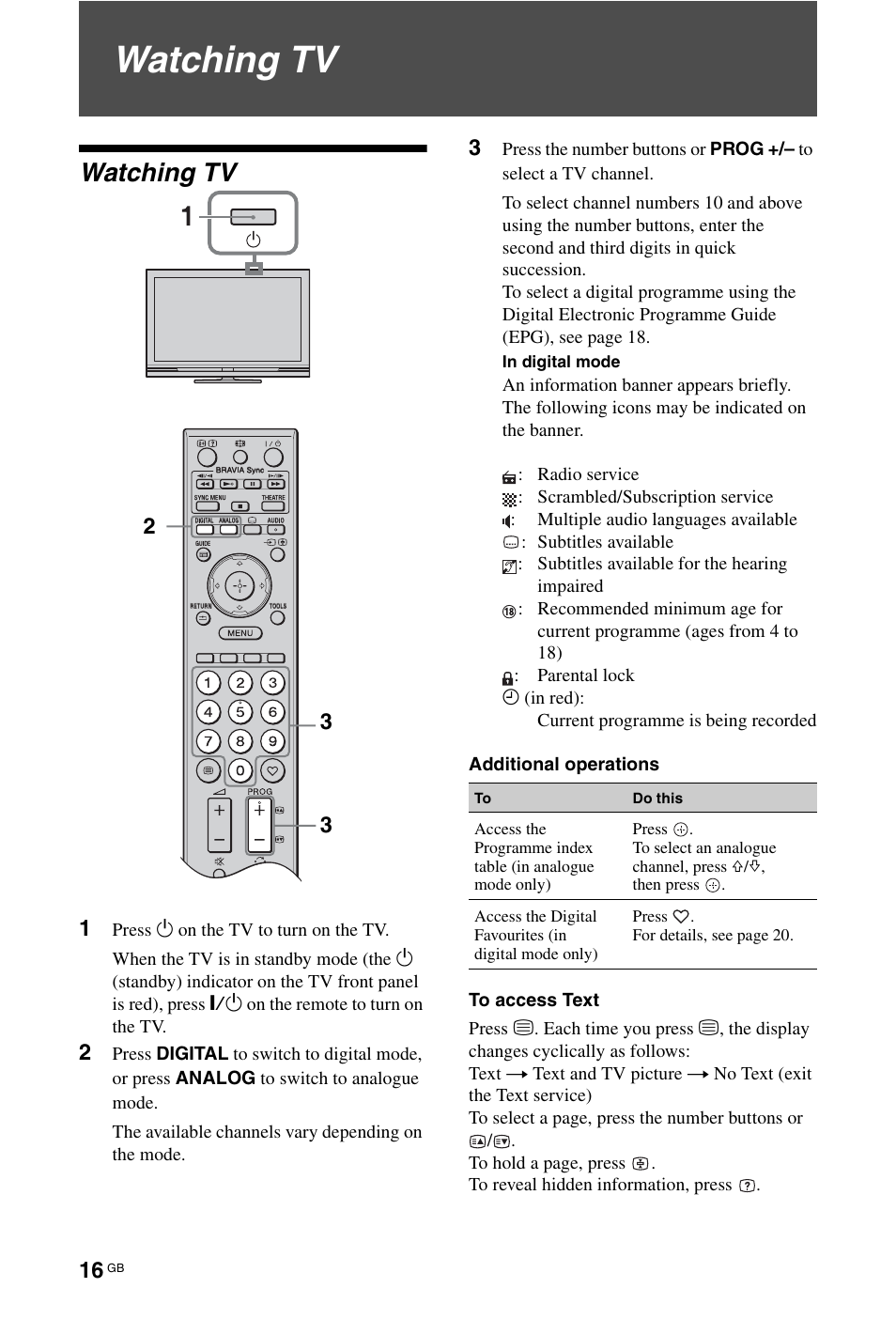 Watching tv | Sony BRAVIA 3-298-969-61(1) User Manual | Page 16 / 84