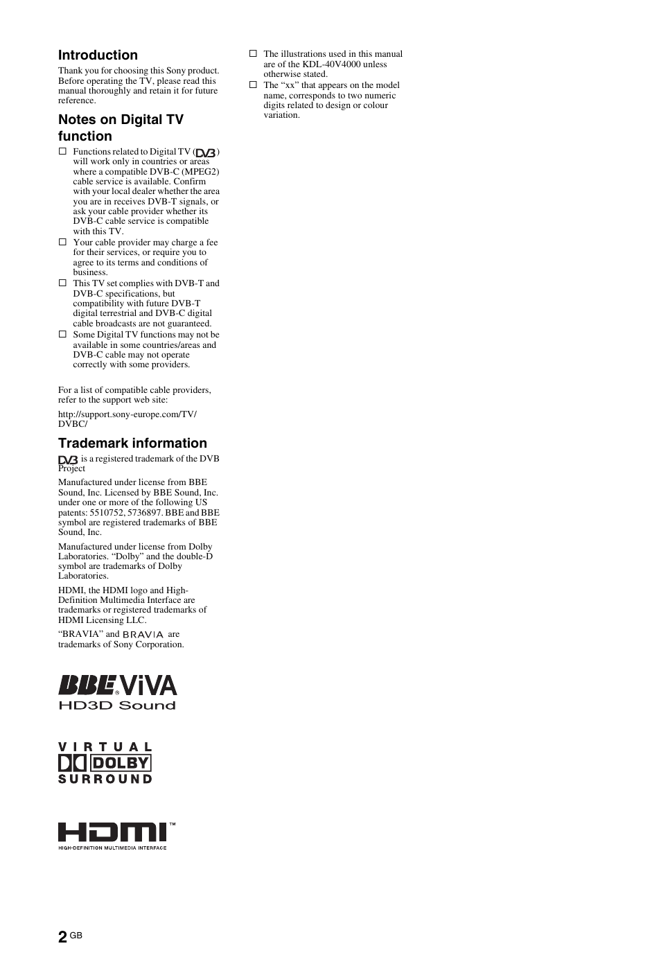 Introduction, Trademark information | Sony BRAVIA 3-298-969-61(1) User Manual | Page 2 / 84