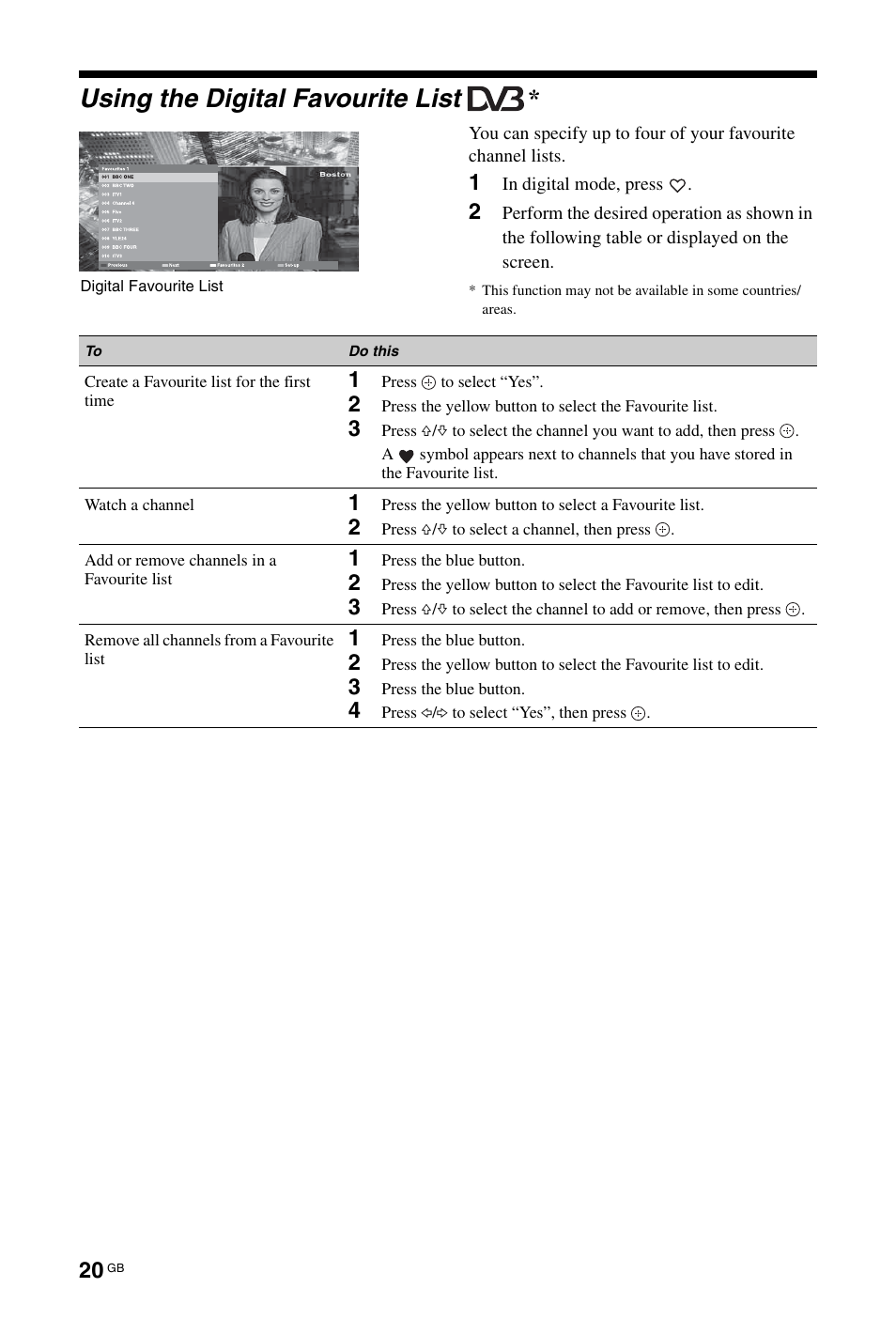 Using the digital favourite list dv3, Using the digital favourite list | Sony BRAVIA 3-298-969-61(1) User Manual | Page 20 / 84