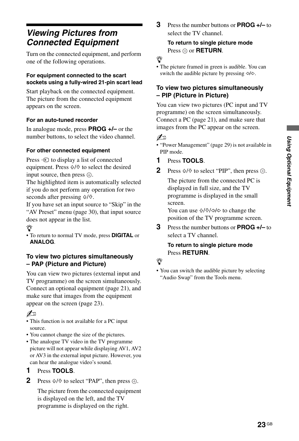 Viewing pictures from connected equipment | Sony BRAVIA 3-298-969-61(1) User Manual | Page 23 / 84