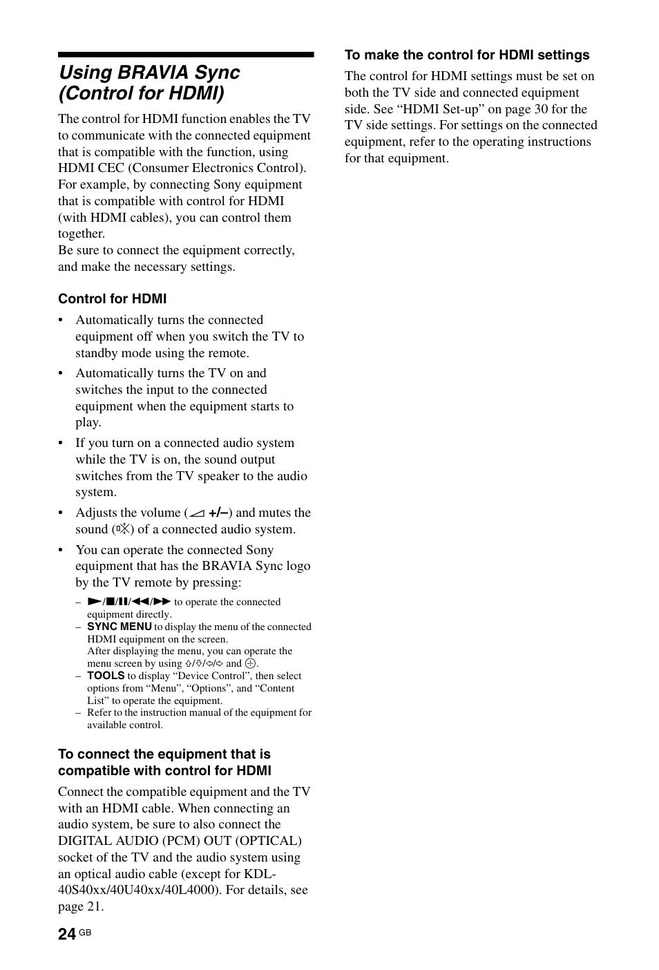 Using bravia sync (control for hdmi) | Sony BRAVIA 3-298-969-61(1) User Manual | Page 24 / 84