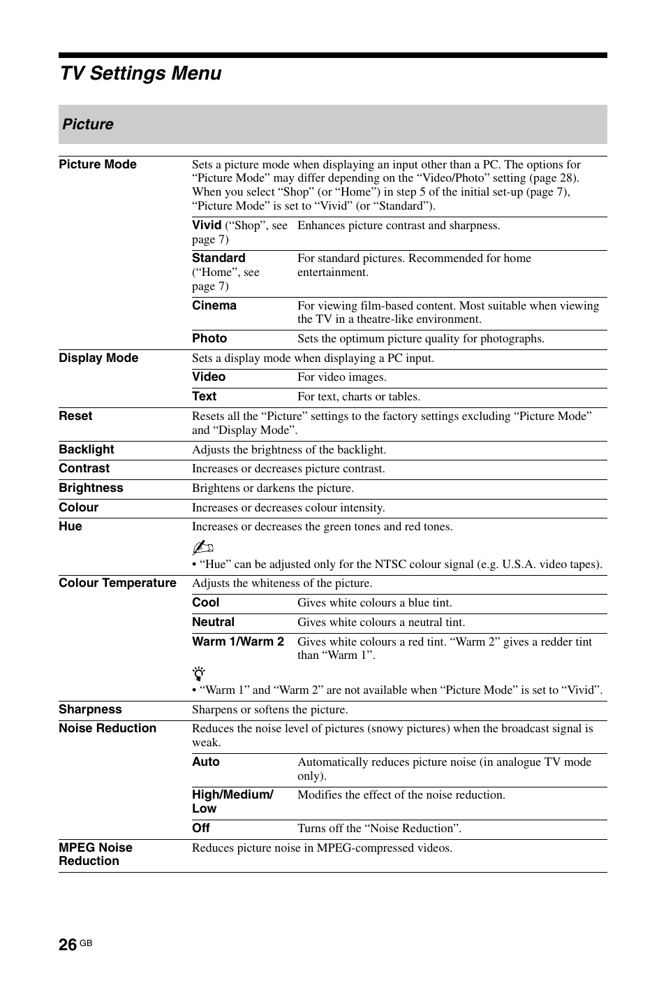 Tv settings menu, S 26 to, Picture | Sony BRAVIA 3-298-969-61(1) User Manual | Page 26 / 84