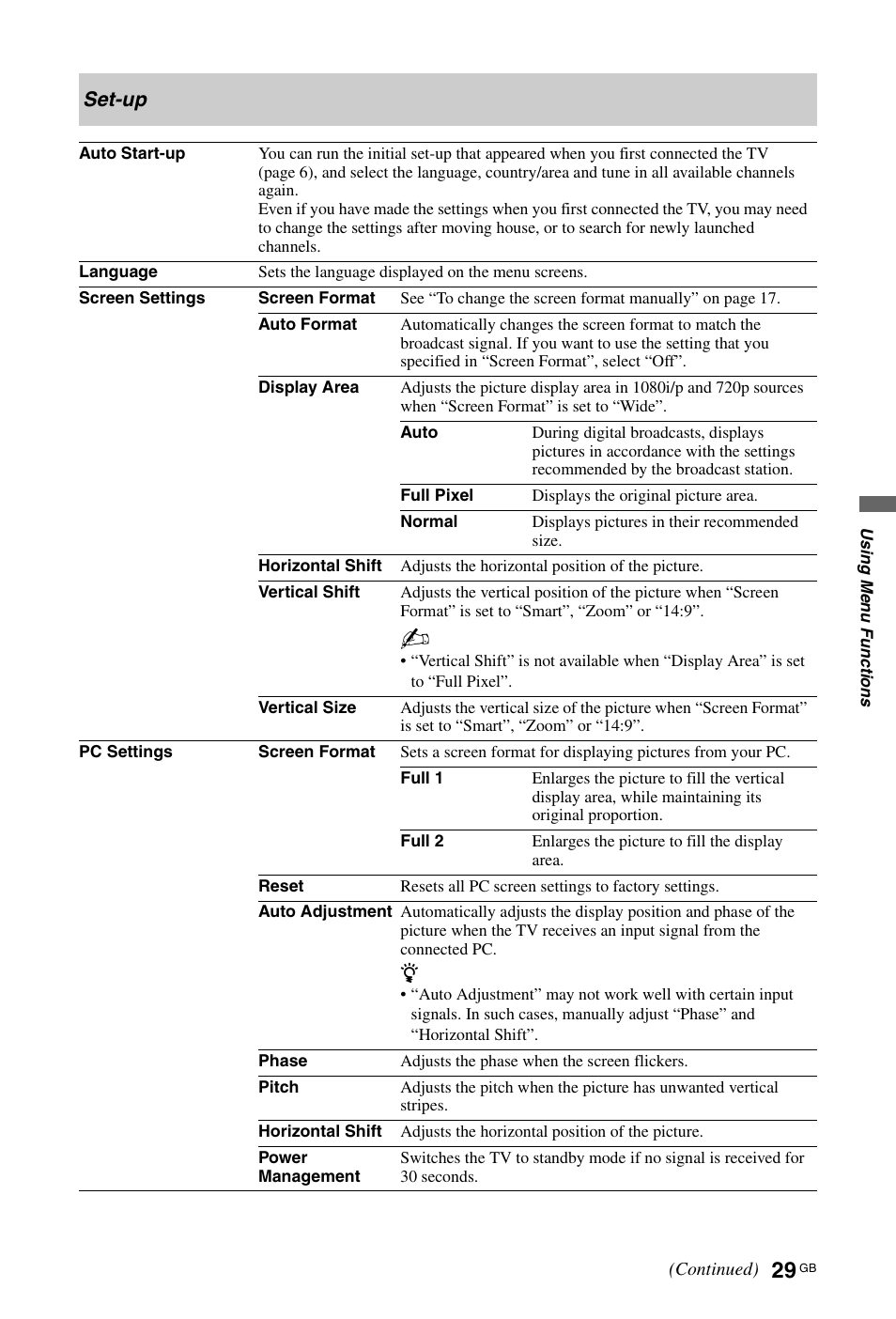 Set-up | Sony BRAVIA 3-298-969-61(1) User Manual | Page 29 / 84