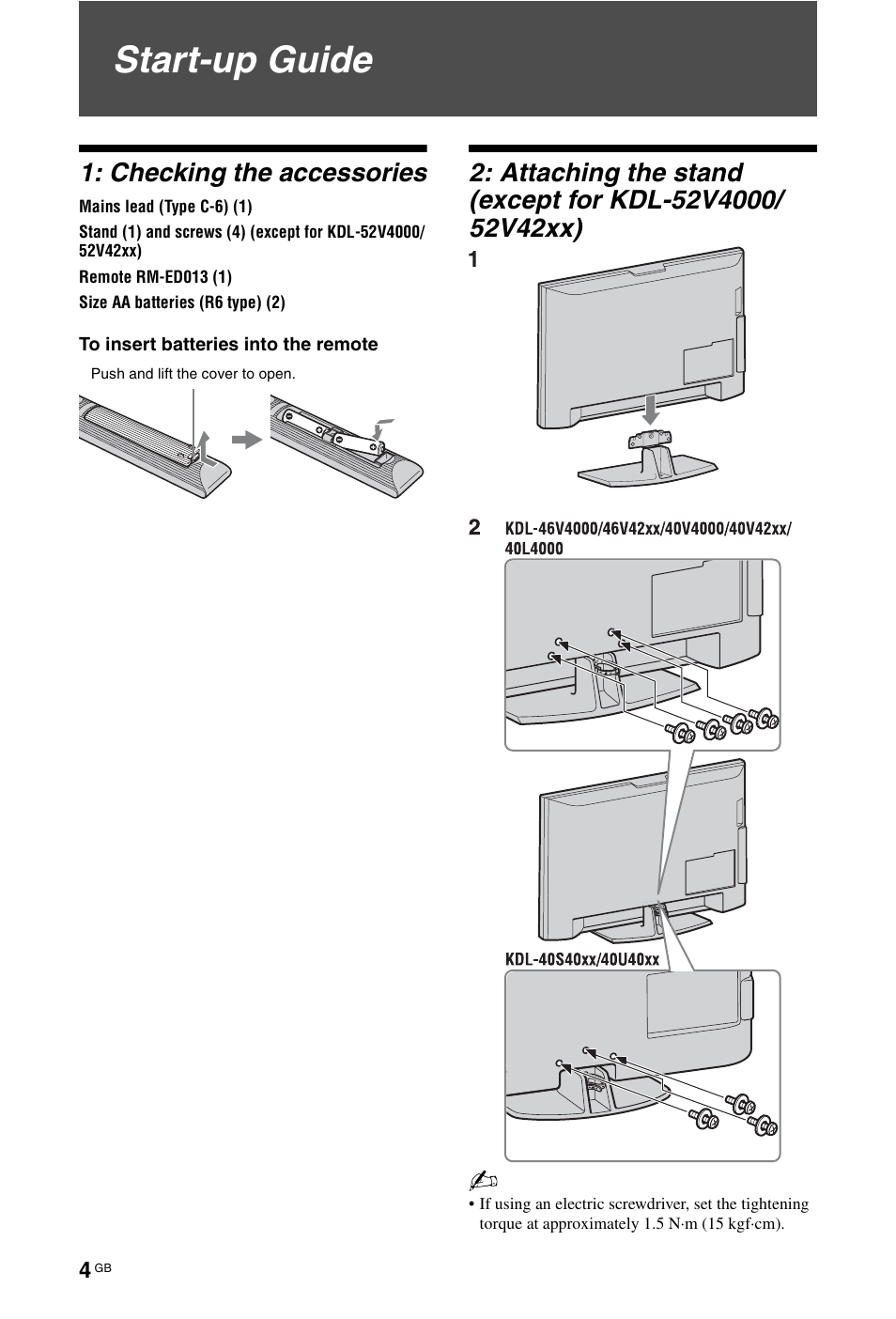 Start-up guide, Checking the accessories | Sony BRAVIA 3-298-969-61(1) User Manual | Page 4 / 84