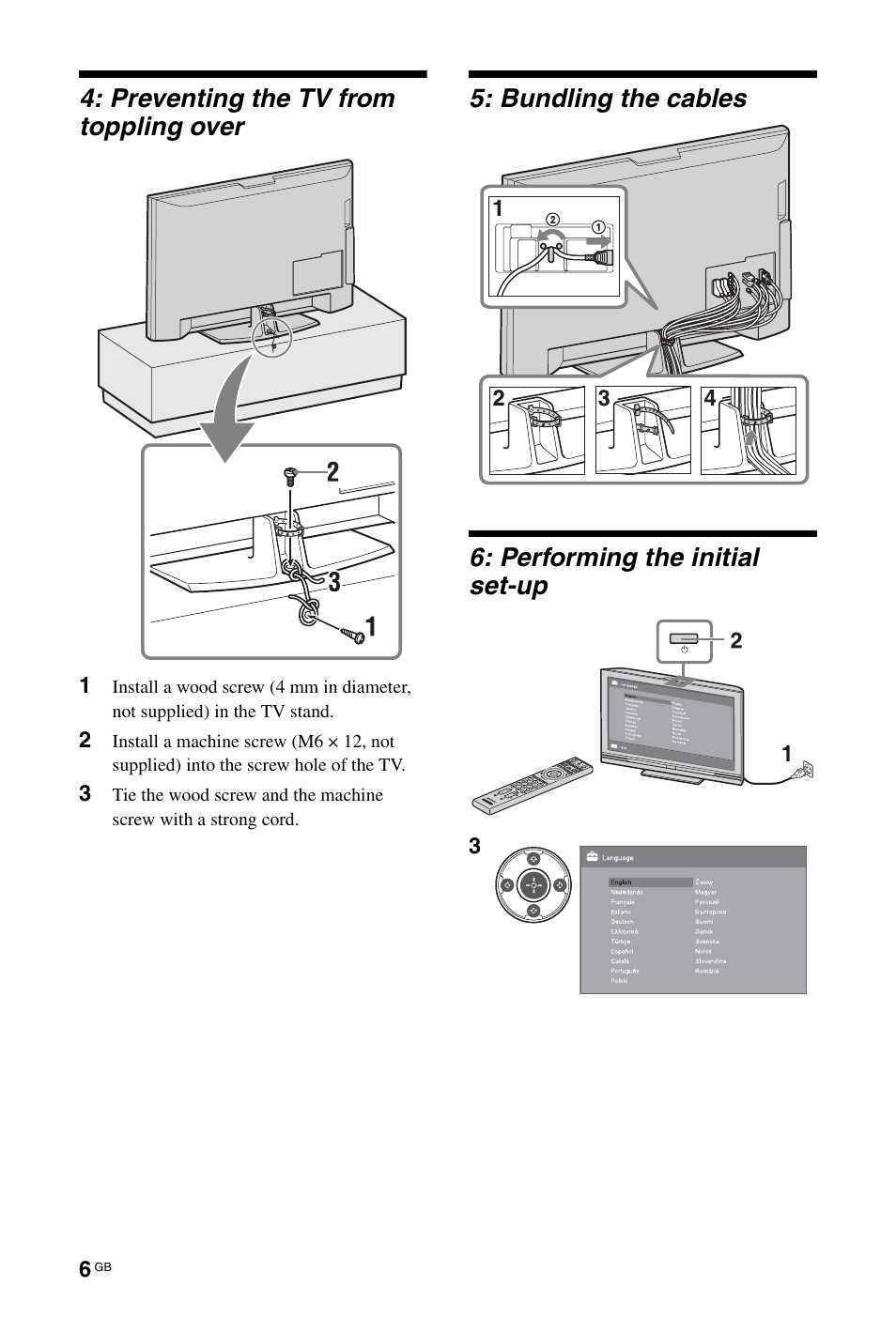 Preventing the tv from toppling over | Sony BRAVIA 3-298-969-61(1) User Manual | Page 6 / 84