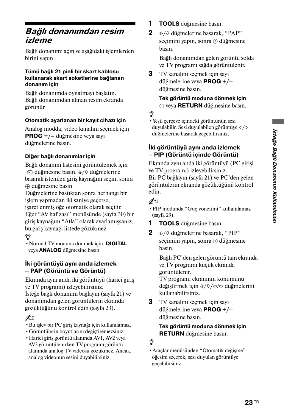 Bağlı donanımdan resim izleme, N (sayfa 23), Ap” (sayfa 23) | Pip” (sayfa 23) | Sony BRAVIA 3-298-969-61(1) User Manual | Page 61 / 84