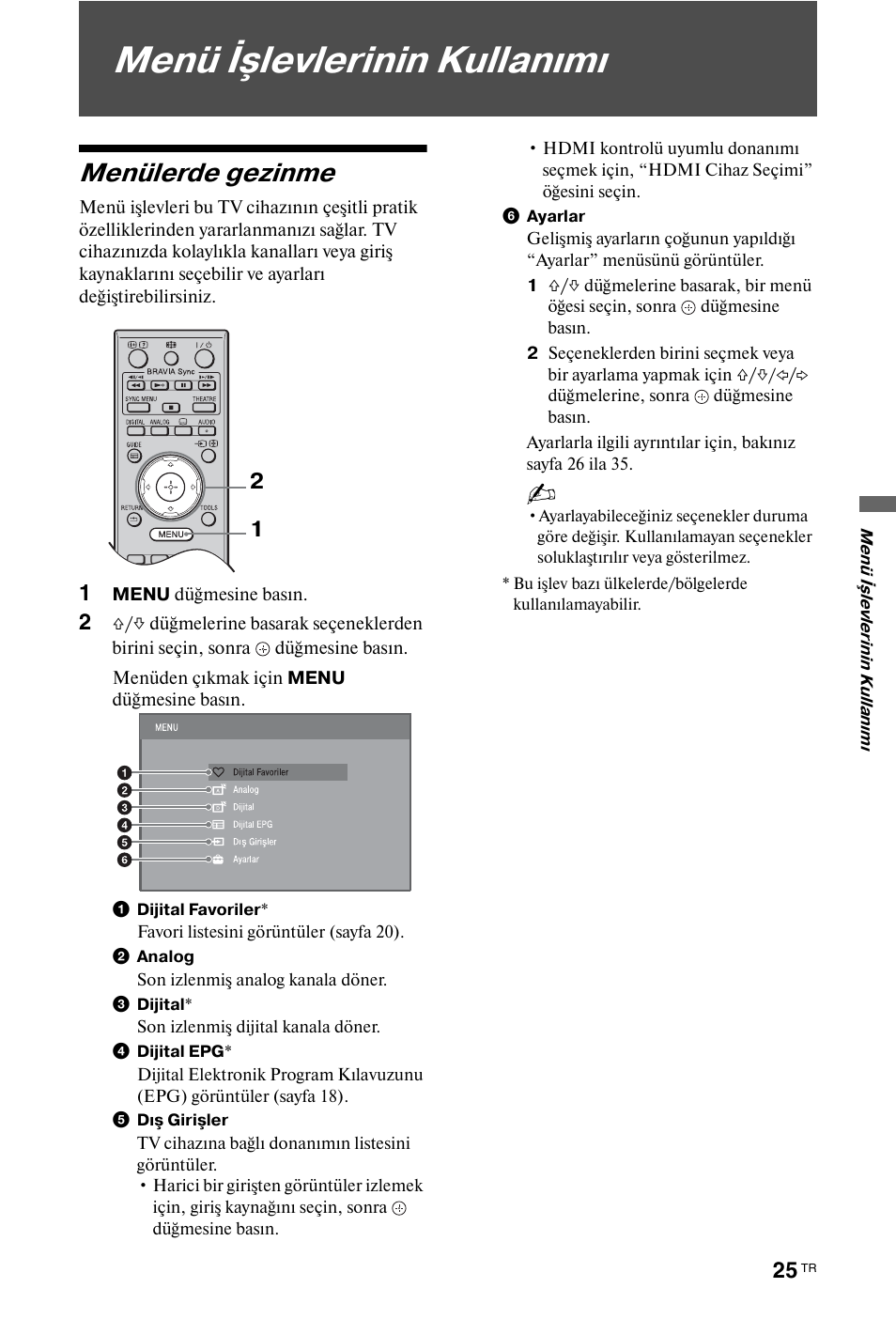 Menü işlevlerinin kullanımı, Menülerde gezinme | Sony BRAVIA 3-298-969-61(1) User Manual | Page 63 / 84