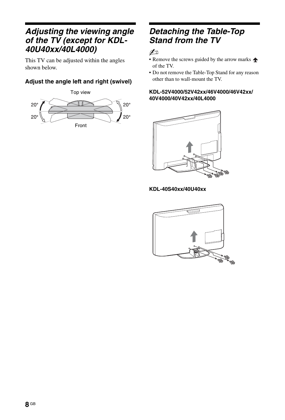 Detaching the table-top stand from the tv | Sony BRAVIA 3-298-969-61(1) User Manual | Page 8 / 84