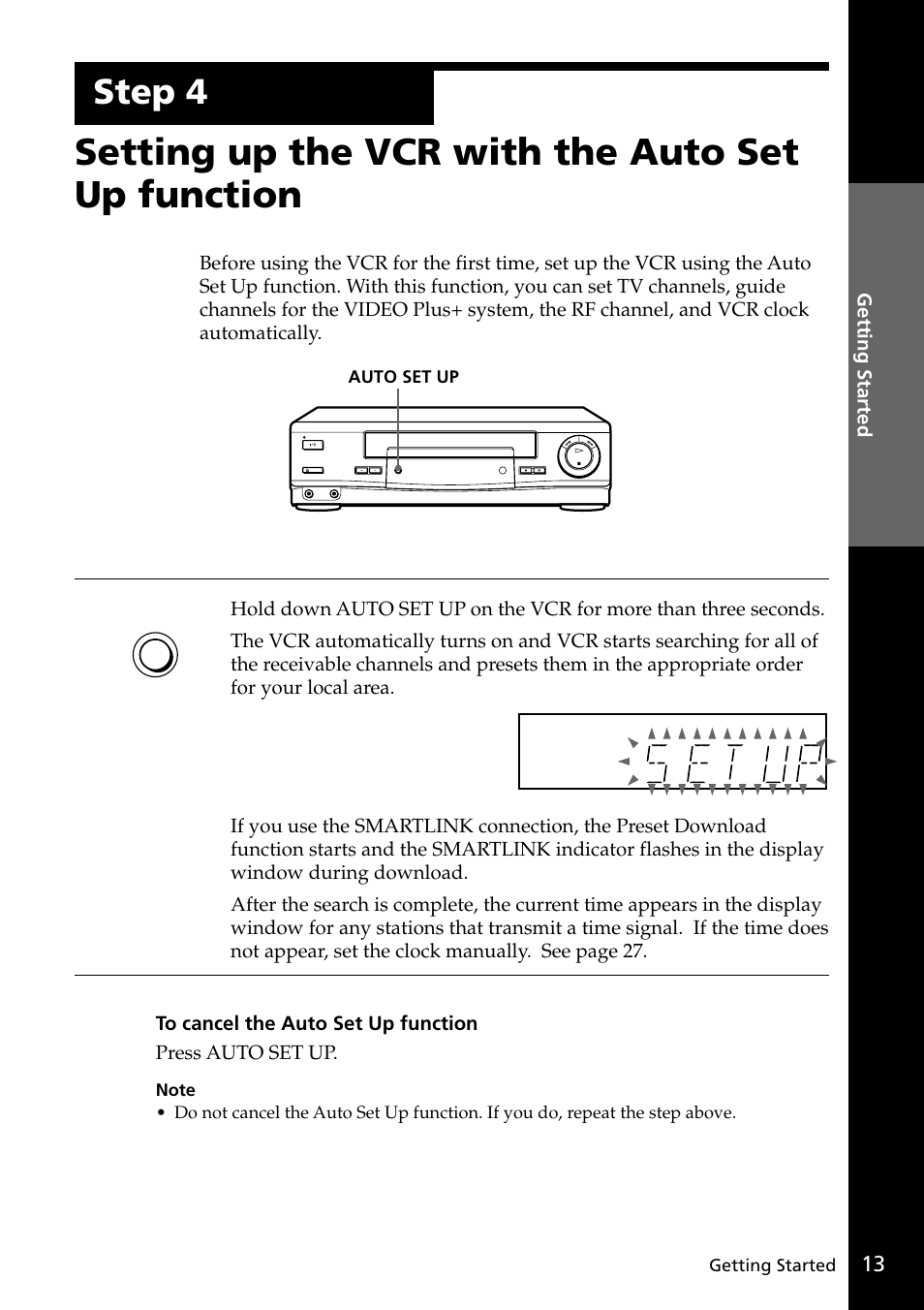 Setting up the vcr with the auto set up function, Step 4 | Sony VIDEO Plus SLV-SE30UX User Manual | Page 13 / 76