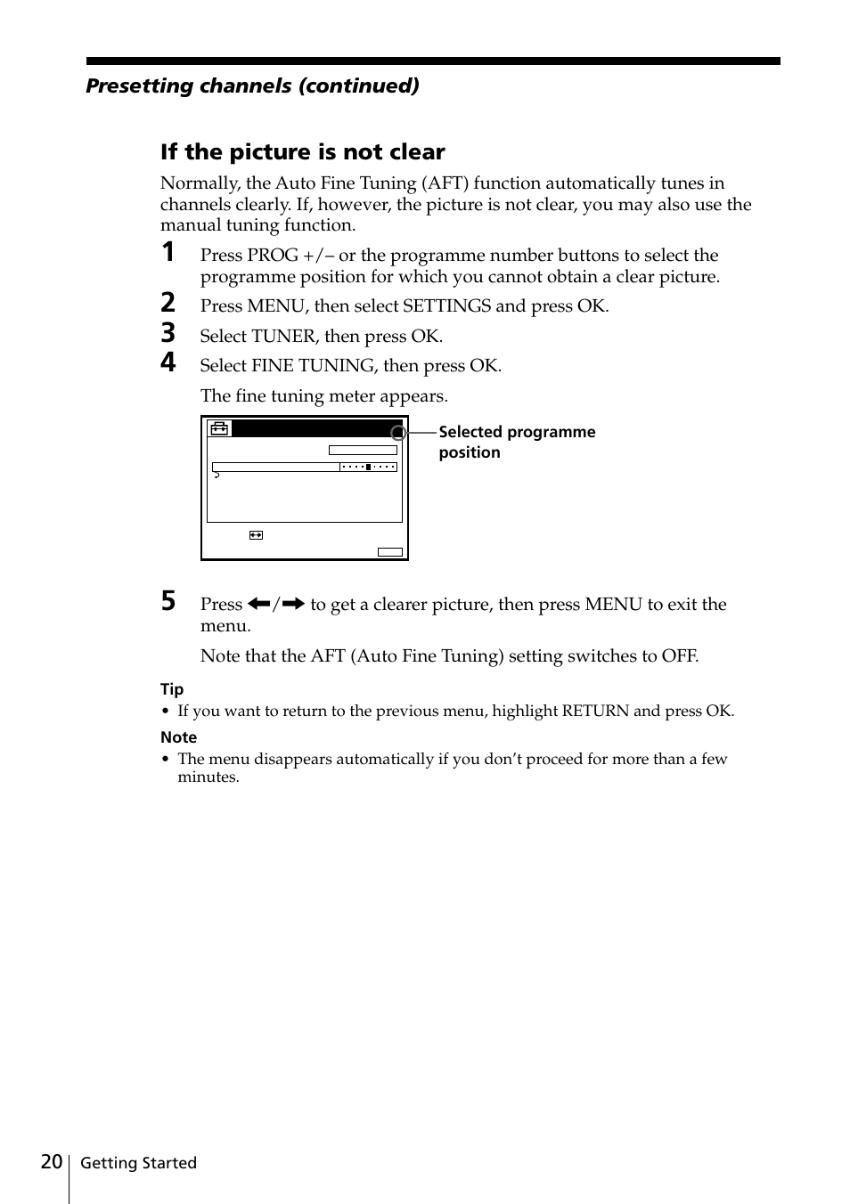 If the picture is not clear, Presetting channels (continued) | Sony VIDEO Plus SLV-SE30UX User Manual | Page 20 / 76