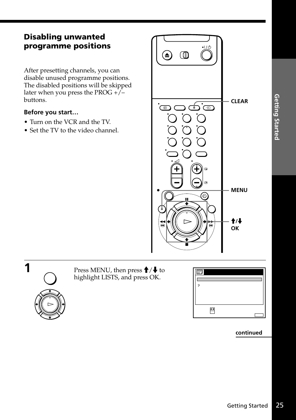 Disabling unwanted programme positions, Getting started | Sony VIDEO Plus SLV-SE30UX User Manual | Page 25 / 76