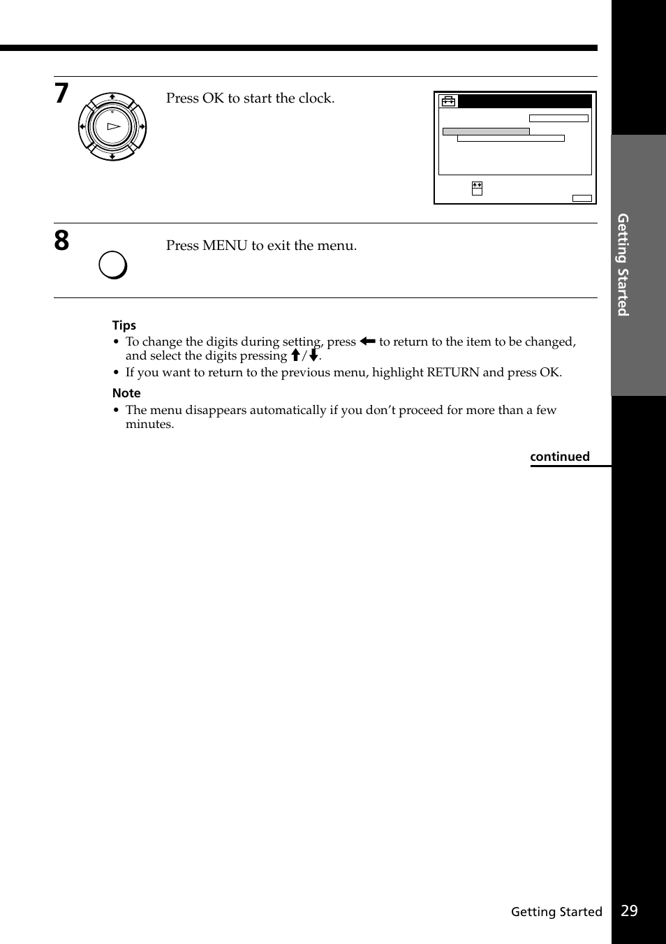 Getting started, Press ok to start the clock, Press menu to exit the menu | Sony VIDEO Plus SLV-SE30UX User Manual | Page 29 / 76