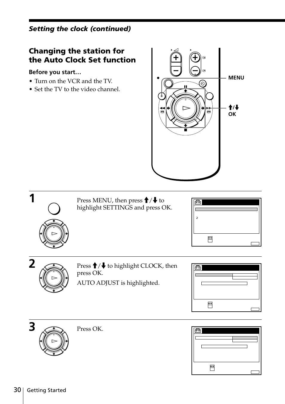 Setting the clock (continued), Press ok, Getting started | Ok menu | Sony VIDEO Plus SLV-SE30UX User Manual | Page 30 / 76