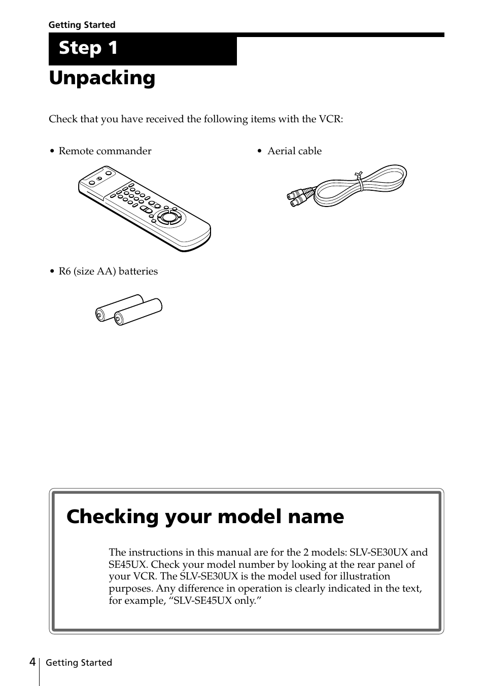 Unpacking, Checking your model name, Step 1 | Sony VIDEO Plus SLV-SE30UX User Manual | Page 4 / 76