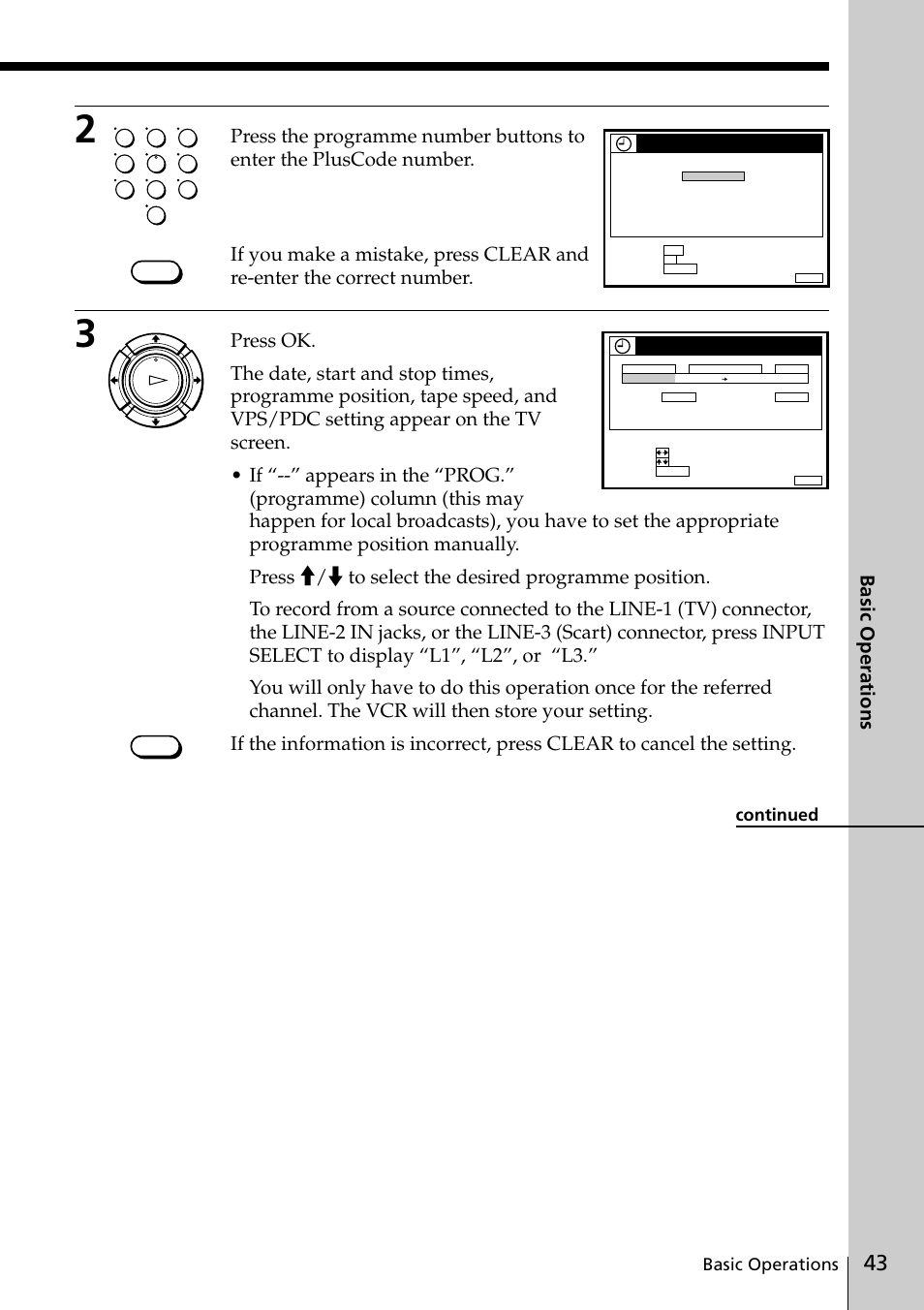 Basic operations, Continued | Sony VIDEO Plus SLV-SE30UX User Manual | Page 43 / 76