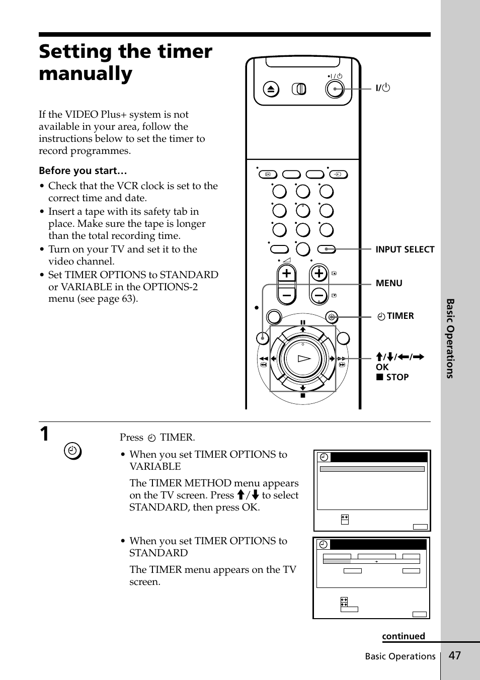Setting the timer manually, Basic operations | Sony VIDEO Plus SLV-SE30UX User Manual | Page 47 / 76