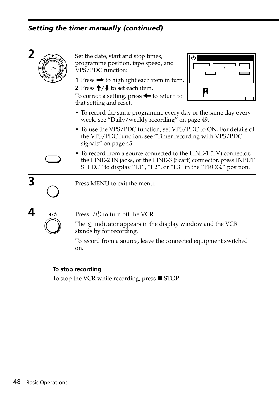 48 setting the timer manually (continued), Press menu to exit the menu | Sony VIDEO Plus SLV-SE30UX User Manual | Page 48 / 76