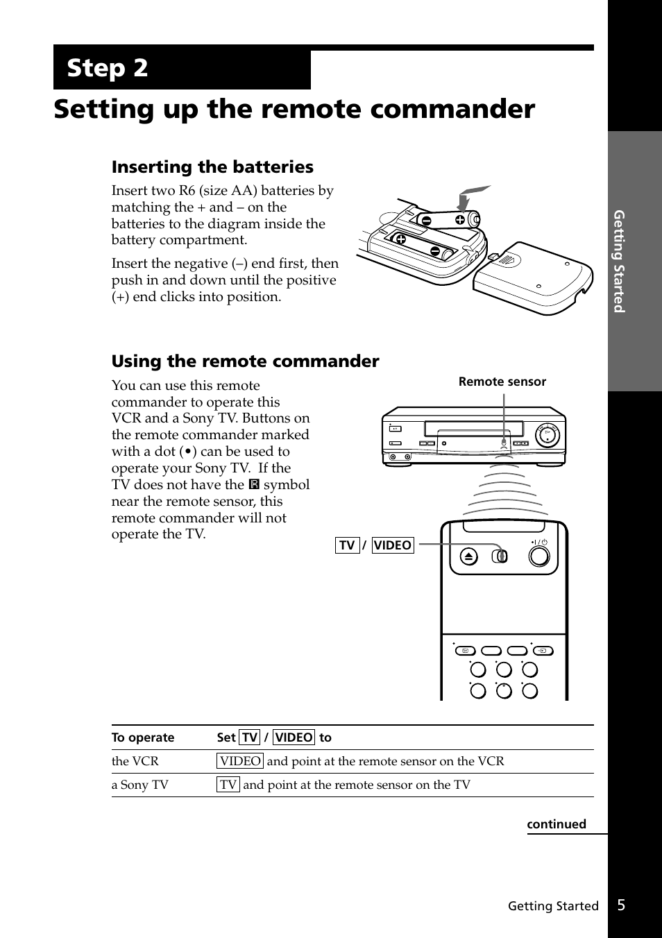 Setting up the remote commander, Step 2, Inserting the batteries | Using the remote commander | Sony VIDEO Plus SLV-SE30UX User Manual | Page 5 / 76