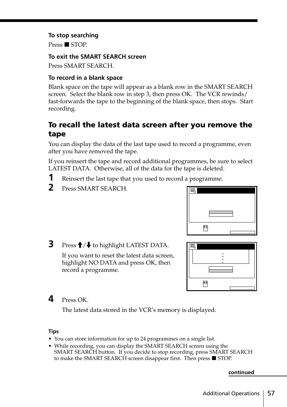 Press smart search, Additional operations continued | Sony VIDEO Plus SLV-SE30UX User Manual | Page 57 / 76