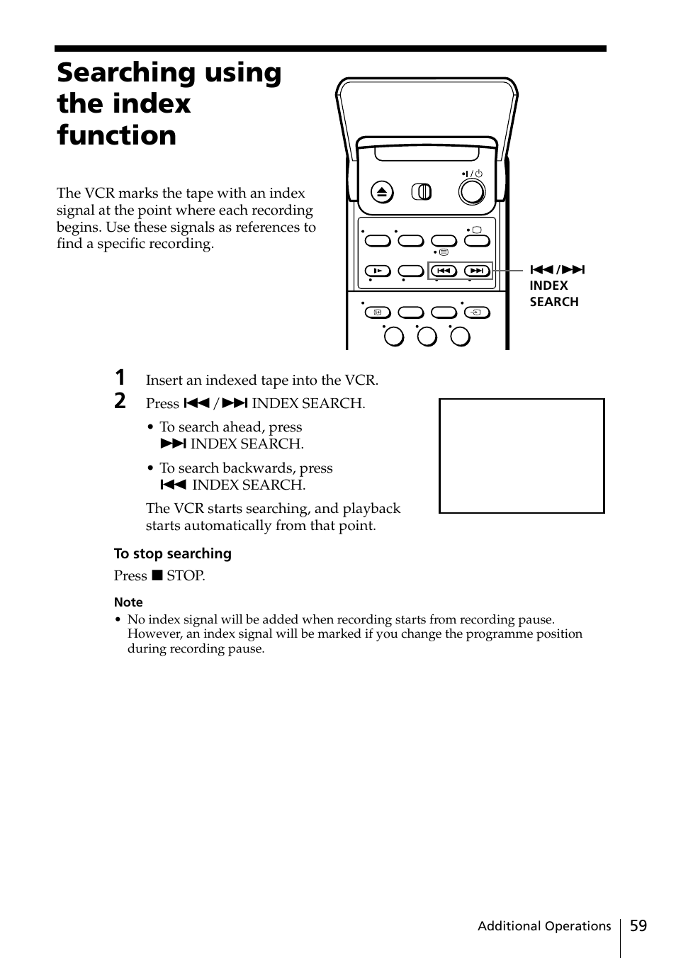 Searching using the index function | Sony VIDEO Plus SLV-SE30UX User Manual | Page 59 / 76