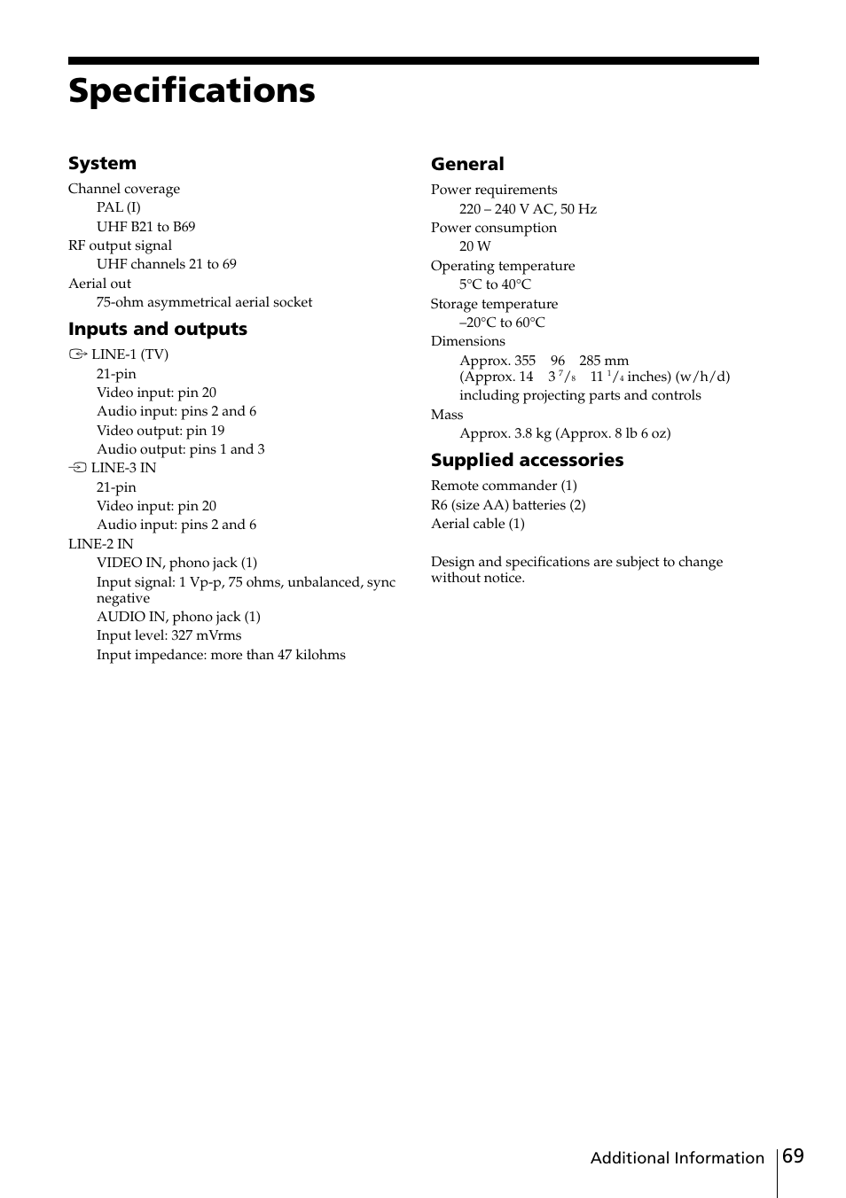 Specifications, System, Inputs and outputs | General, Supplied accessories | Sony VIDEO Plus SLV-SE30UX User Manual | Page 69 / 76