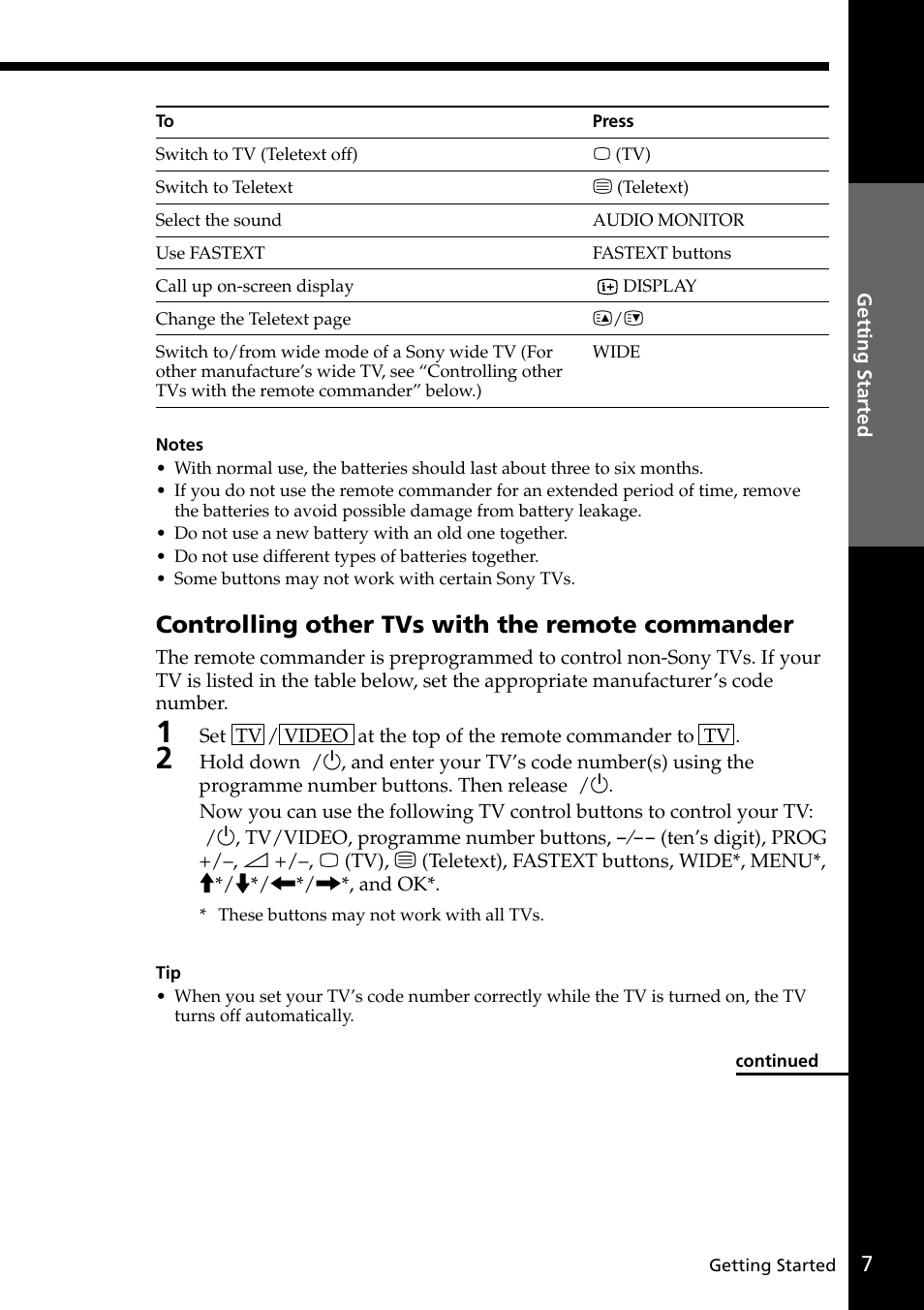Controlling other tvs with the remote commander | Sony VIDEO Plus SLV-SE30UX User Manual | Page 7 / 76