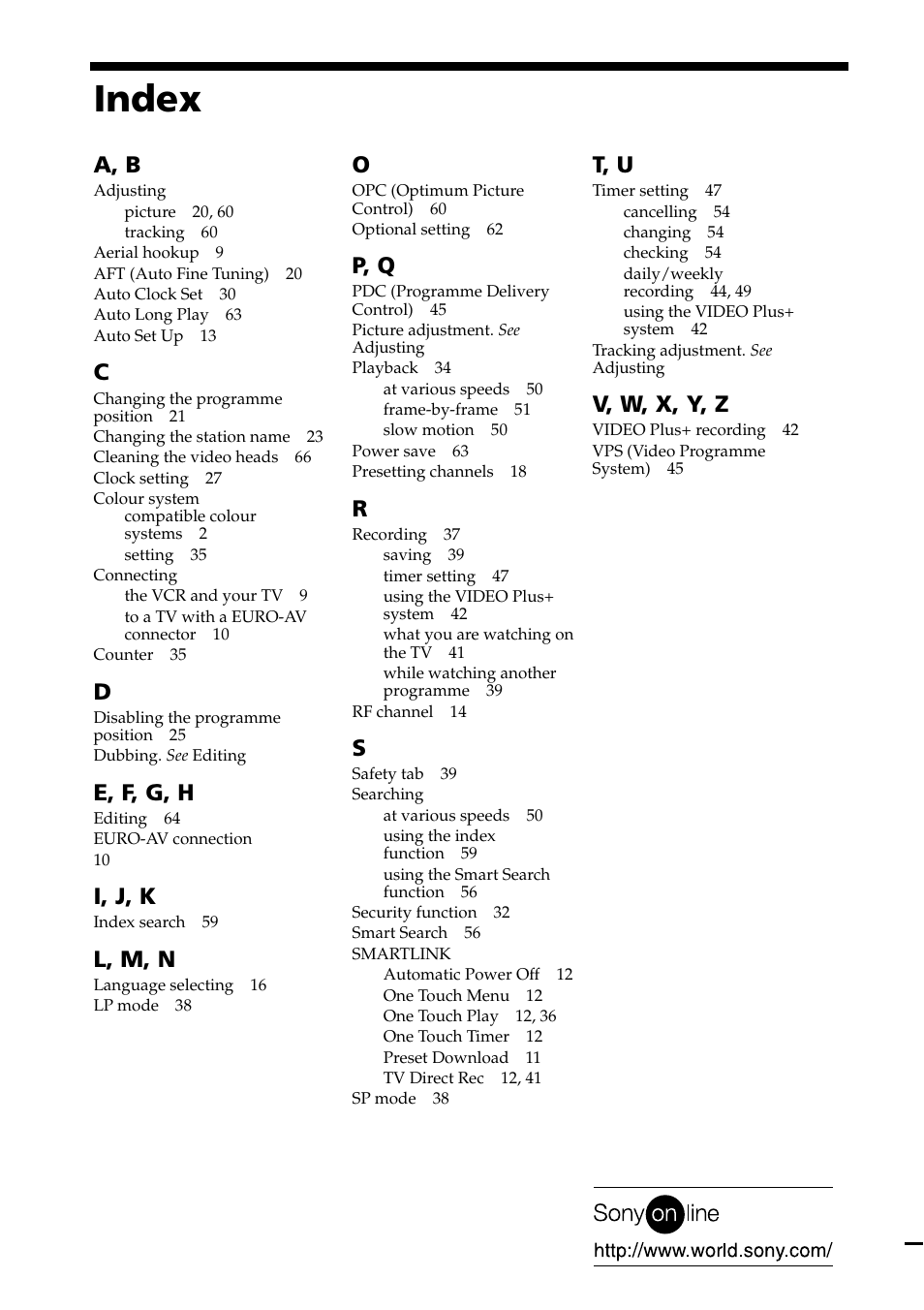 Index, A, b, E, f, g, h | I, j, k, L, m, n, P, q, T, u, V, w, x, y, z | Sony VIDEO Plus SLV-SE30UX User Manual | Page 76 / 76