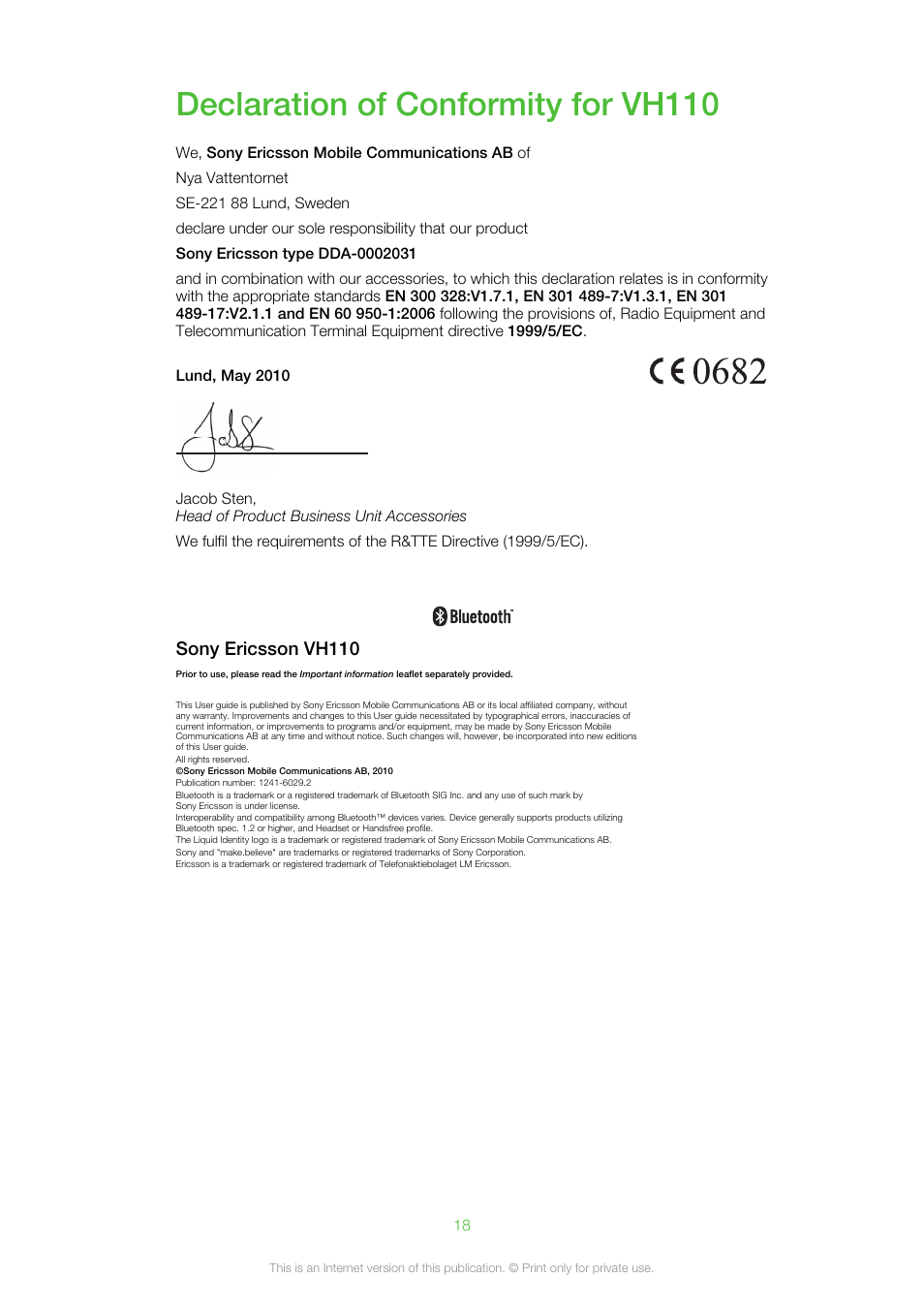 Declaration of conformity for vh110, Sony ericsson vh110 | Sony VH110 User Manual | Page 18 / 18