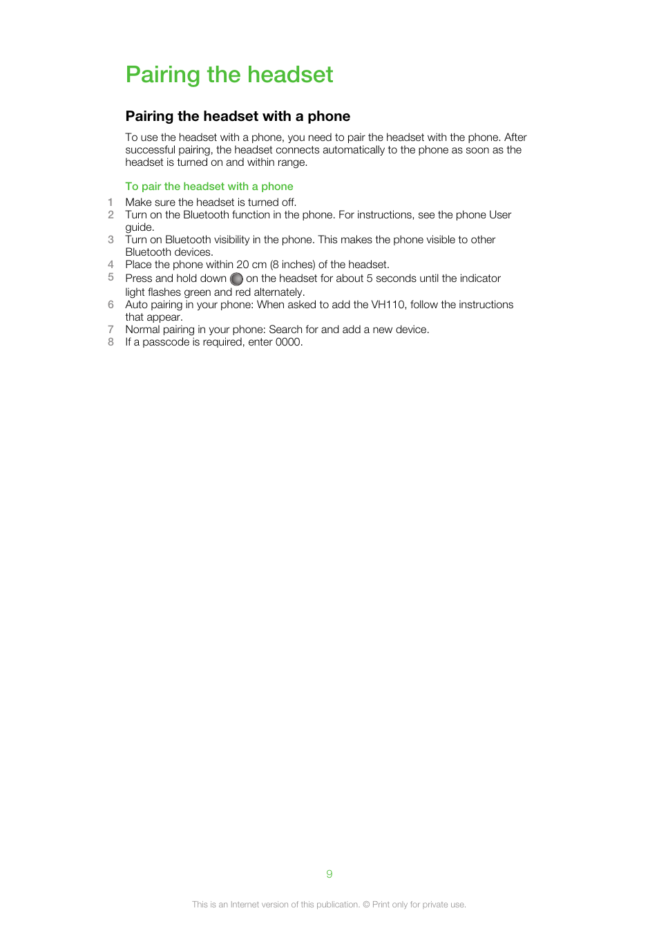 Pairing the headset, Pairing the headset with a phone | Sony VH110 User Manual | Page 9 / 18