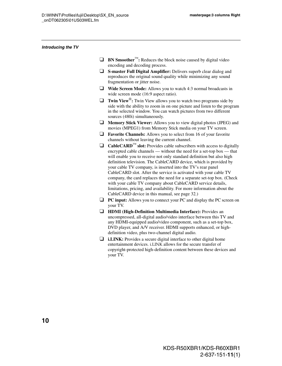 Sony KDS-R60XBR1 User Manual | Page 10 / 120