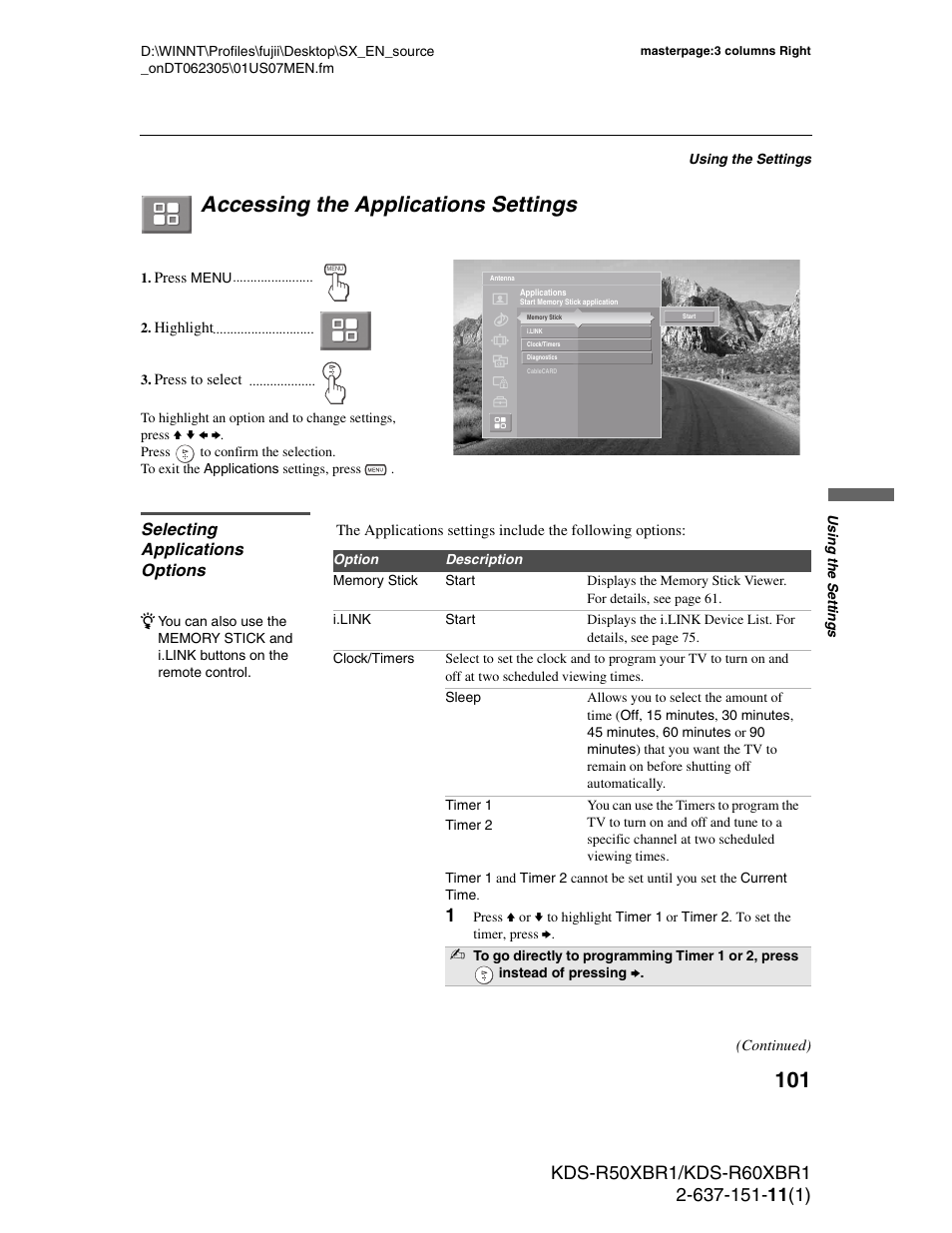 Accessing the applications settings, Selecting applications options | Sony KDS-R60XBR1 User Manual | Page 101 / 120