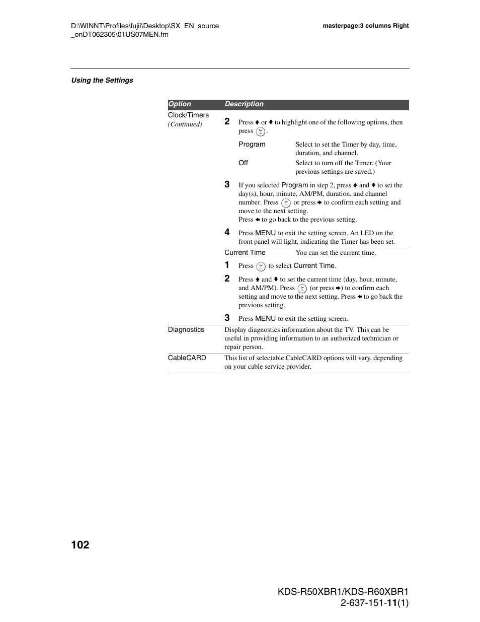 Sony KDS-R60XBR1 User Manual | Page 102 / 120