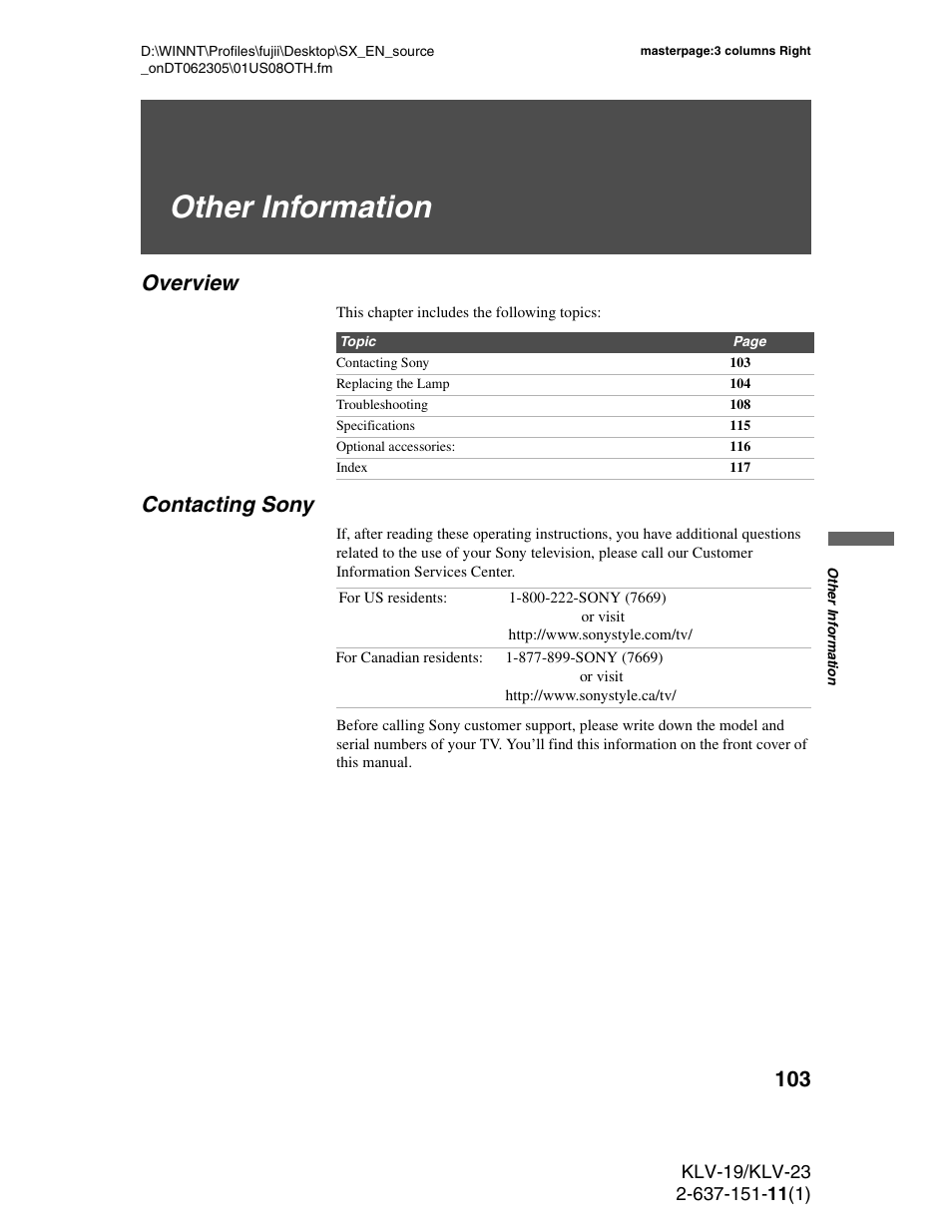 Other information, Overview, Contacting sony | Overview contacting sony | Sony KDS-R60XBR1 User Manual | Page 103 / 120