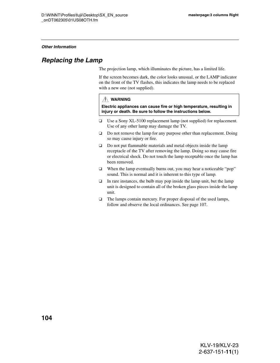 Replacing the lamp | Sony KDS-R60XBR1 User Manual | Page 104 / 120