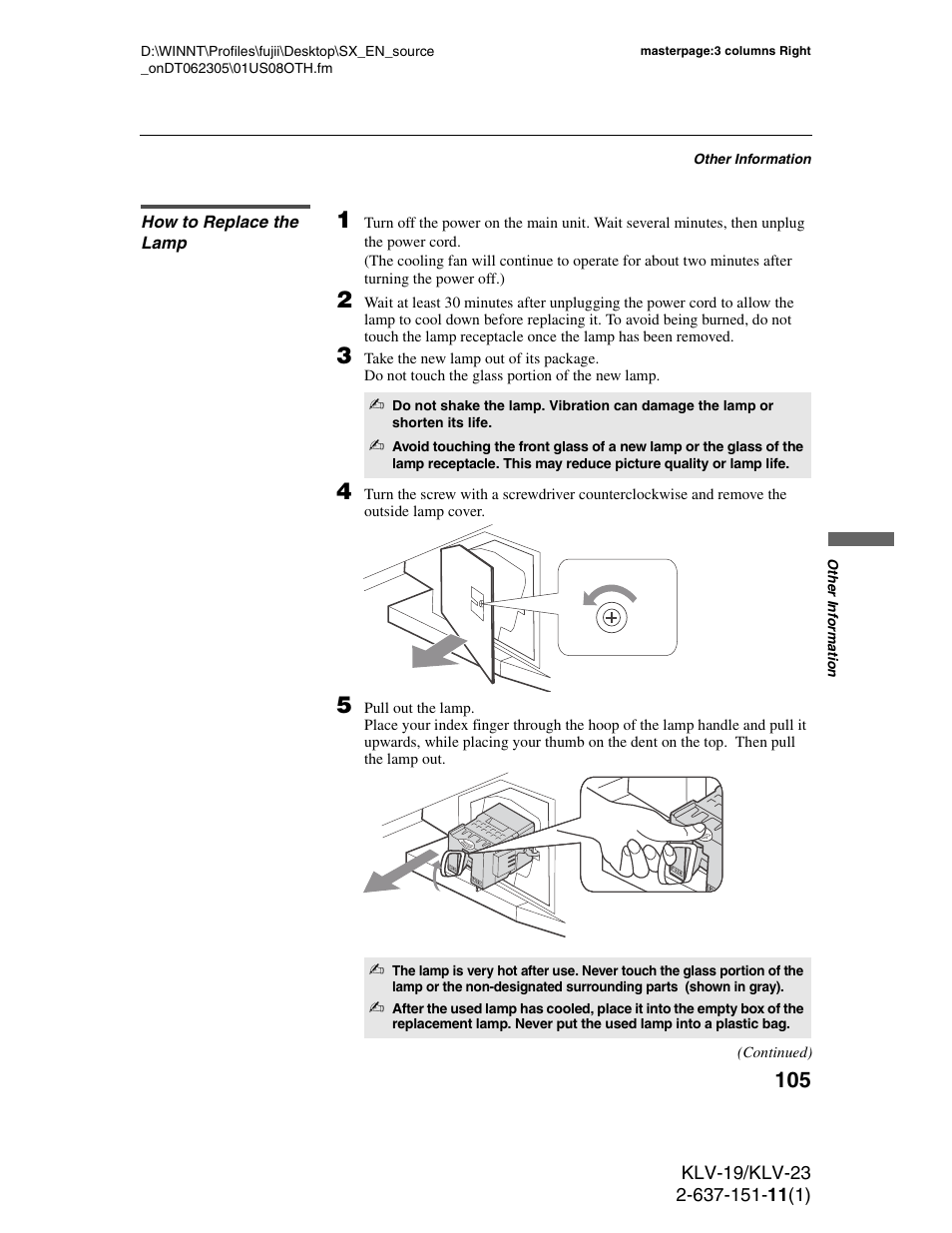 How to replace the lamp | Sony KDS-R60XBR1 User Manual | Page 105 / 120